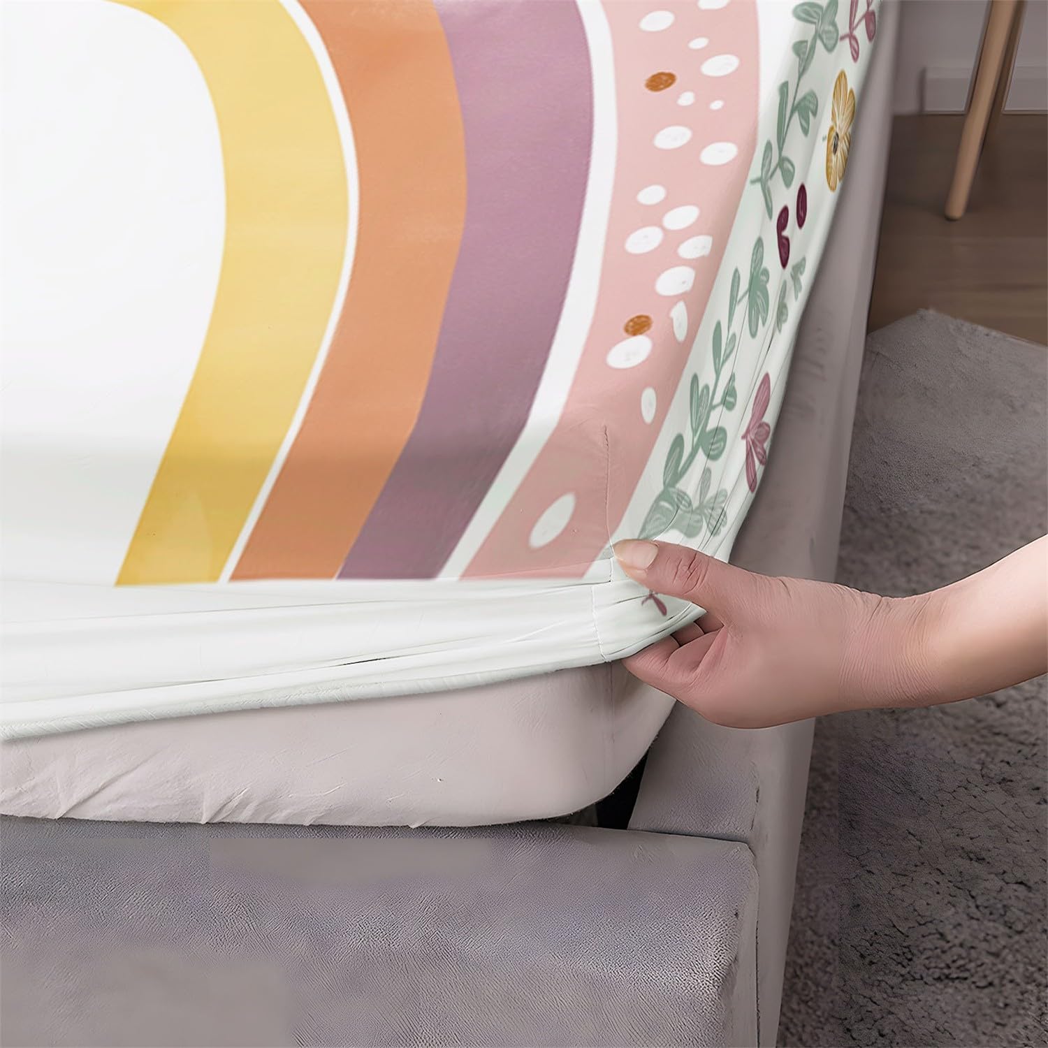 Lenzuolo con angoli 160 x 200 cm Arcobaleno in stile Boho Bedding 3PC Printed Fitted Colore Lenzuolo Lenzuolo con angoli extra profondo con federe Microfibra spazzolata Facile da pulire