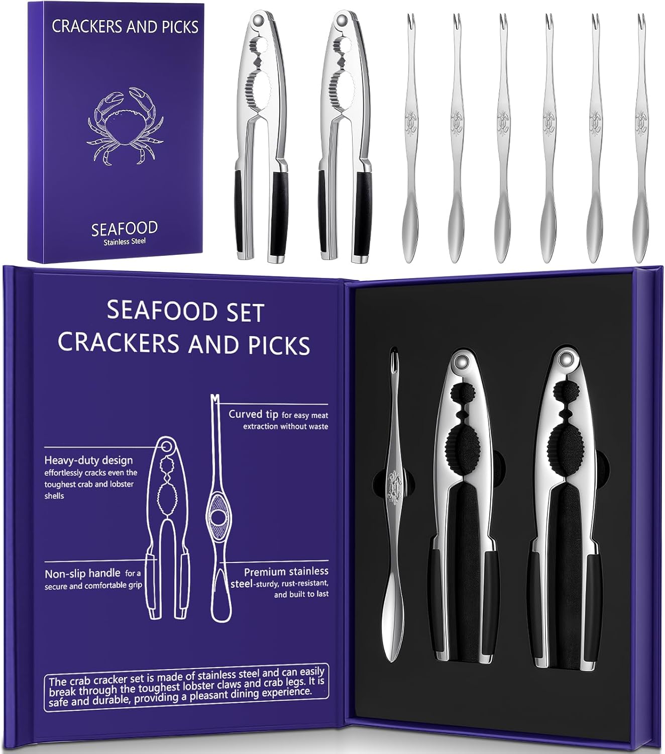 Pangda Stainless Steel Crab Crackers and Tools Set with Gift Box Including 2 Lobster Crackers and 6 Seafood Forks Kit Professional Seafood Tools Set Crab Leg Cracker Tool Christmas Gifts