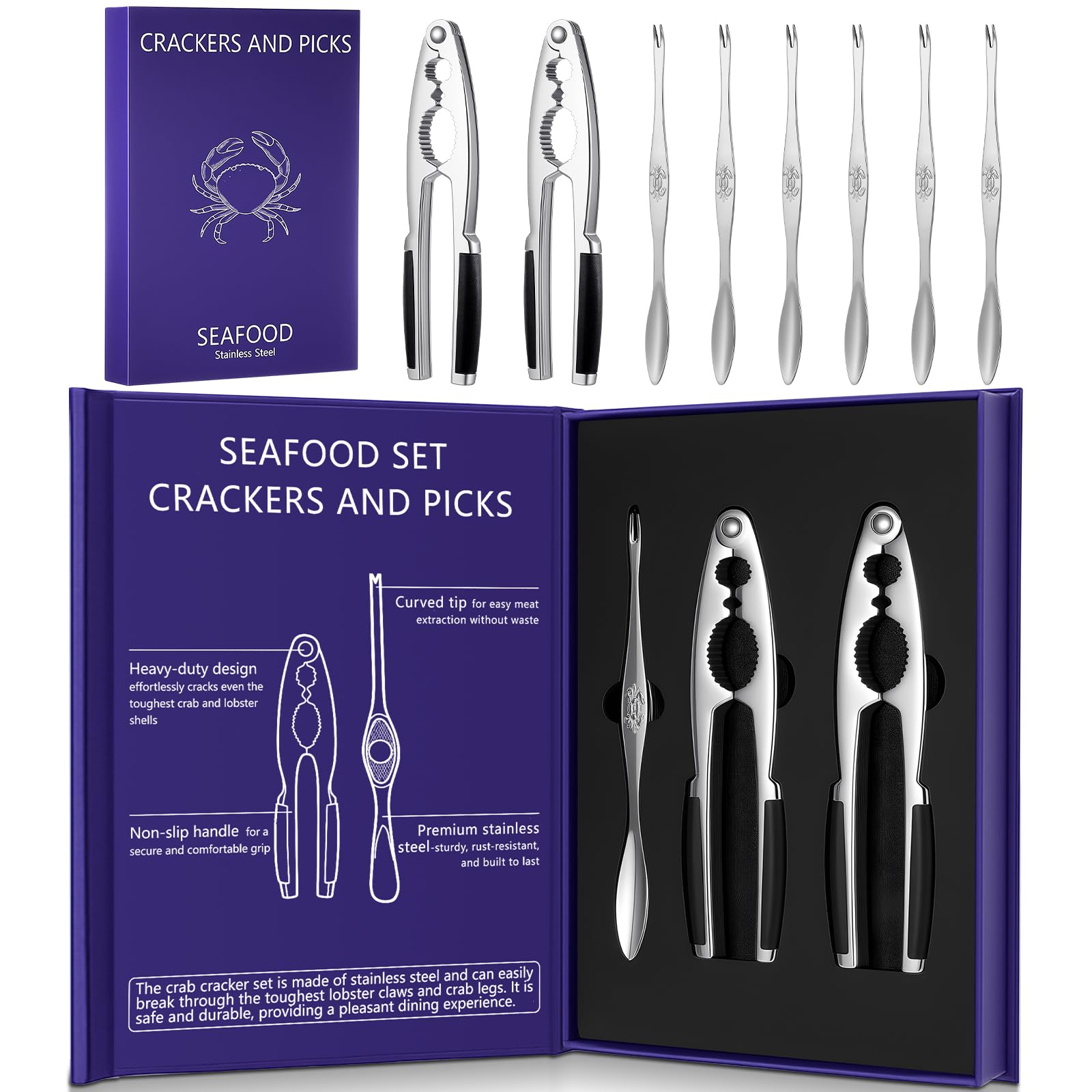 Pangda Stainless Steel Crab Crackers and Tools Set with Gift Box Including 2 Lobster Crackers and 6 Seafood Forks Kit Professional Seafood Tools Set Crab Leg Cracker Tool Christmas Gifts