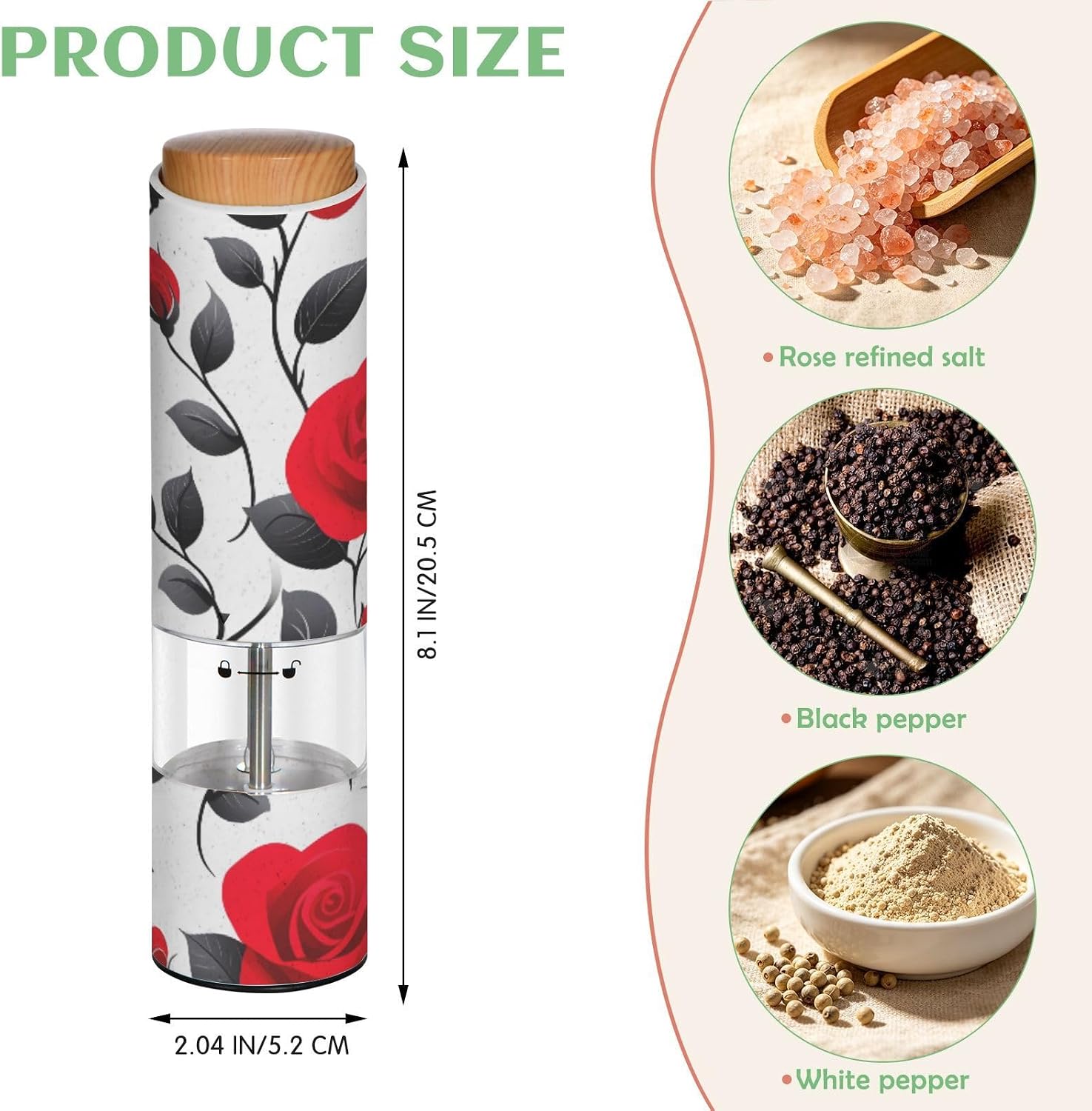 ALAZA Electric Pepper Grinder with Adjustable Coarseness, Flower Red Rose Pattern Battery Automatic Salt and Pepper Mill with Led, One-Handed Operation Spice Grinder for Kitchen, Camping & BBQ