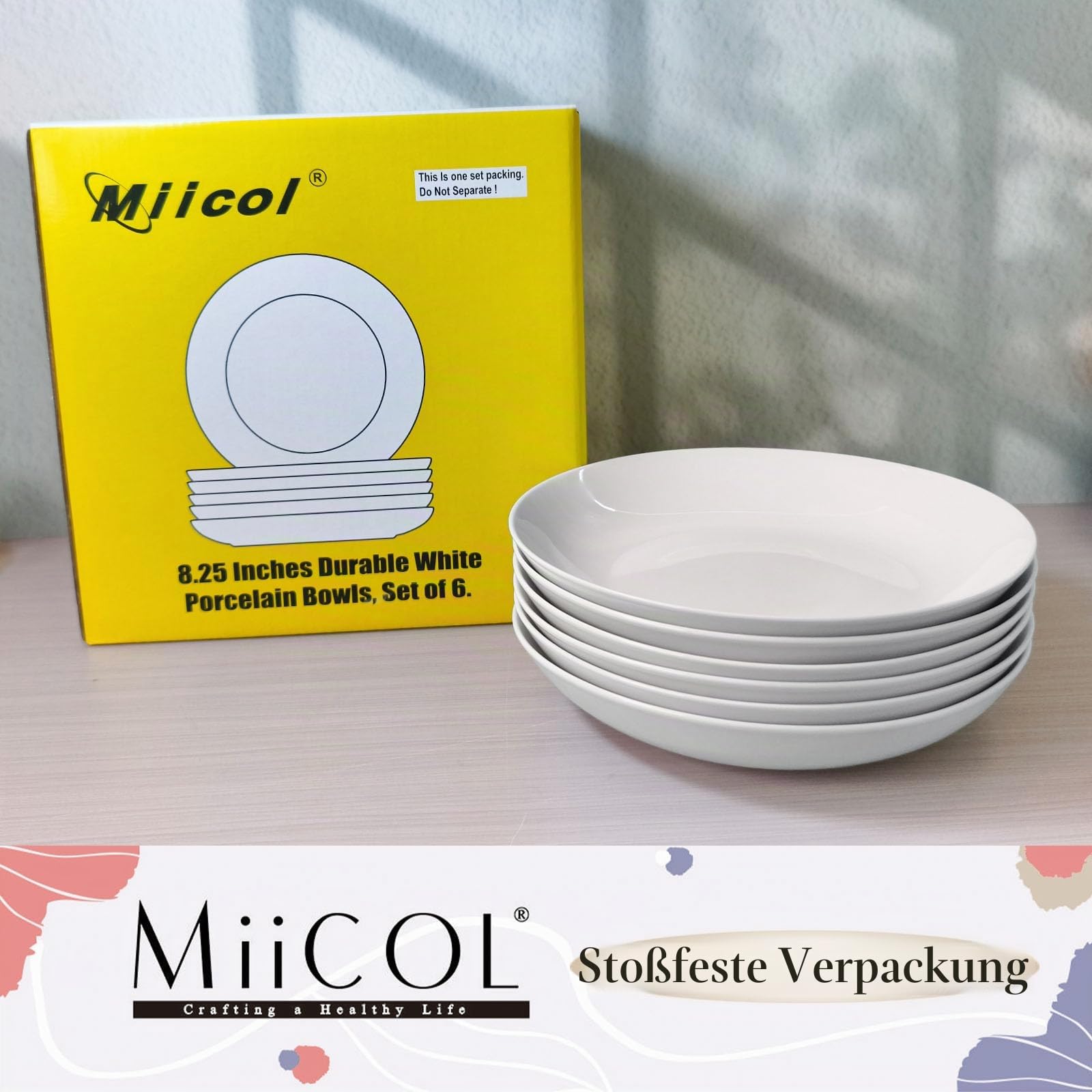 Miicol Pastateller 6 Teilig, Suppenteller Weiße 800ml, Salatteller Porzellan 21cm, Suppenschüssel Keramik, Modern Salatschüsselset, Servierteller, Tiefe Teller für Spaghetti, Pasta, Suppen, Salat