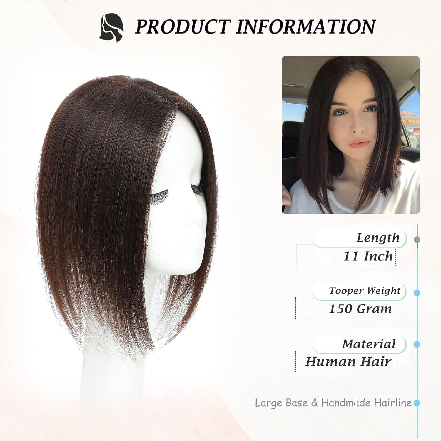 Hair Toppers For Women 100% Real Human Hair 11 Inches Toppers For Thinning Hair Women Dark Brown Color HairPiece Solve Slightly HairLoss And Covering Gray