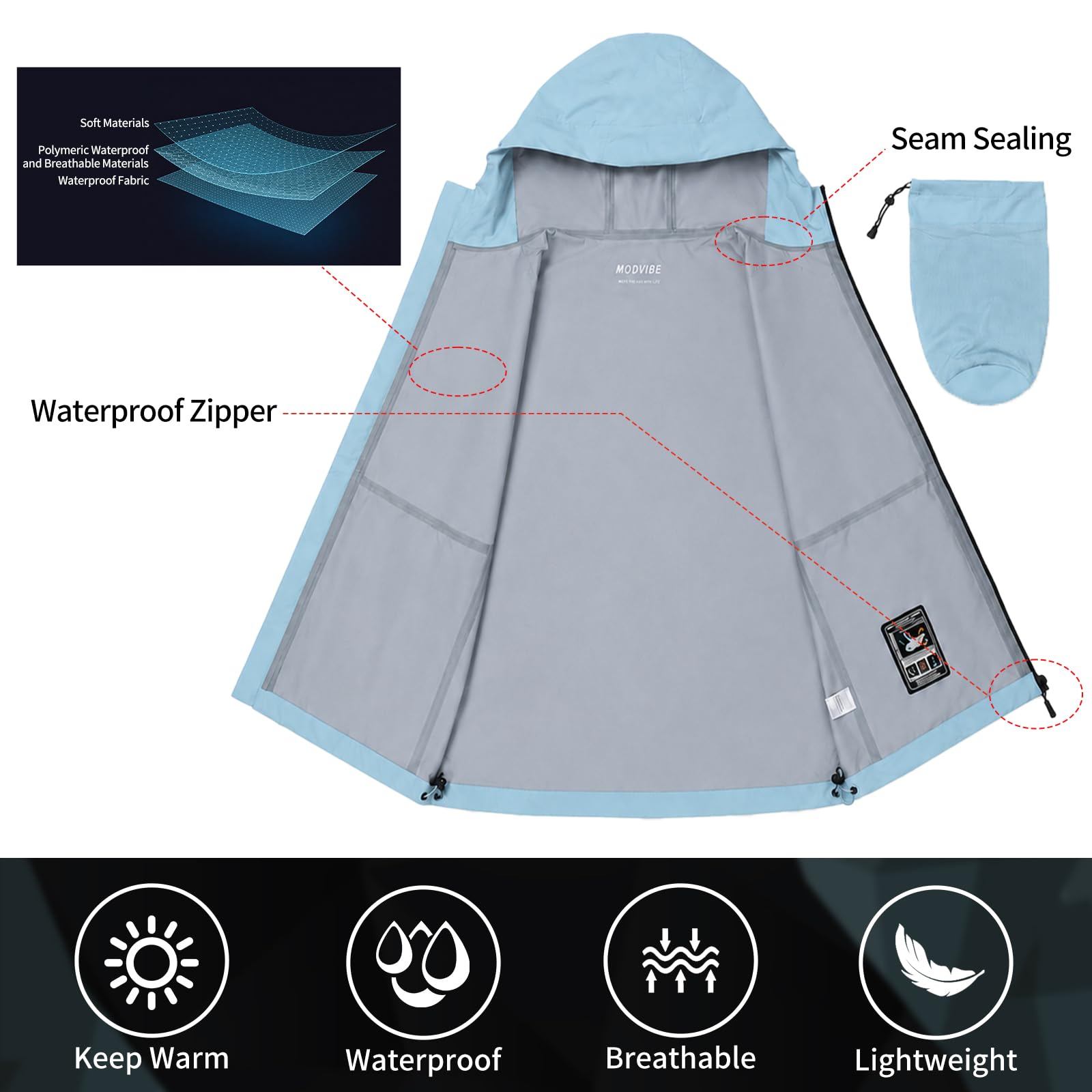 Regenjacke Damen Wasserdicht Atmungsaktiv Regenmantel Outdoorjacke Windbreaker mit Abnehmbarer Kapuze
