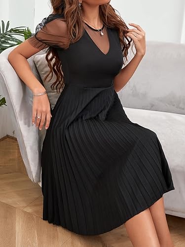 Miniatura 6 de WDIRARA Vestido de malla transparente con mangas abombadas para mujer, de talle alto, elegante, plisado, color liso, multicolor, talla XL, Varios