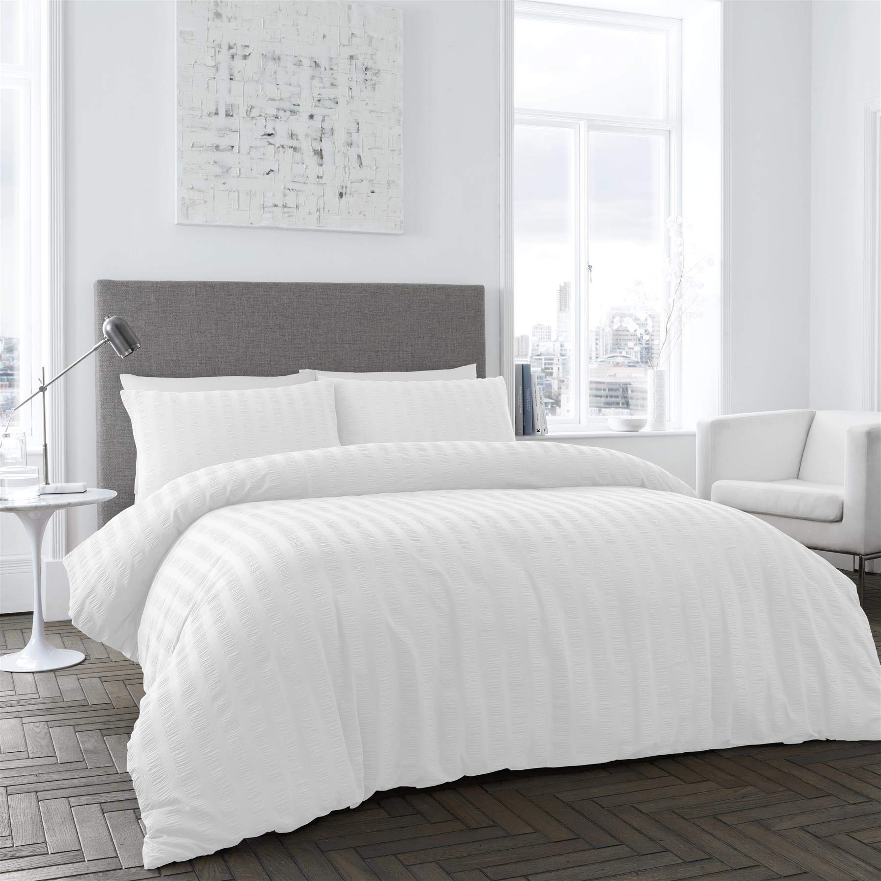 EXQUIZIT HOMEDuvet Quilt Cover Bedding Set With Matching Two Pillowcases Striped Non Iron Bed Linen SEERSUCKER WHITE KING 220cm x 230cm Approximate