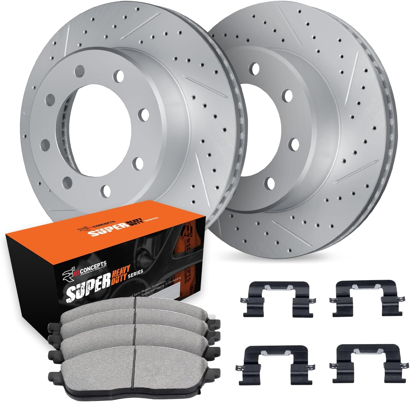 R1 Concepts Rear Brake Kit Fits 1999-2004 Ford F-250, F-350; 2000-2005 Ford Excursion| Super Duty Pads, Drilled Slotted Rotors| Hardware| 14.0" Rear Rotor