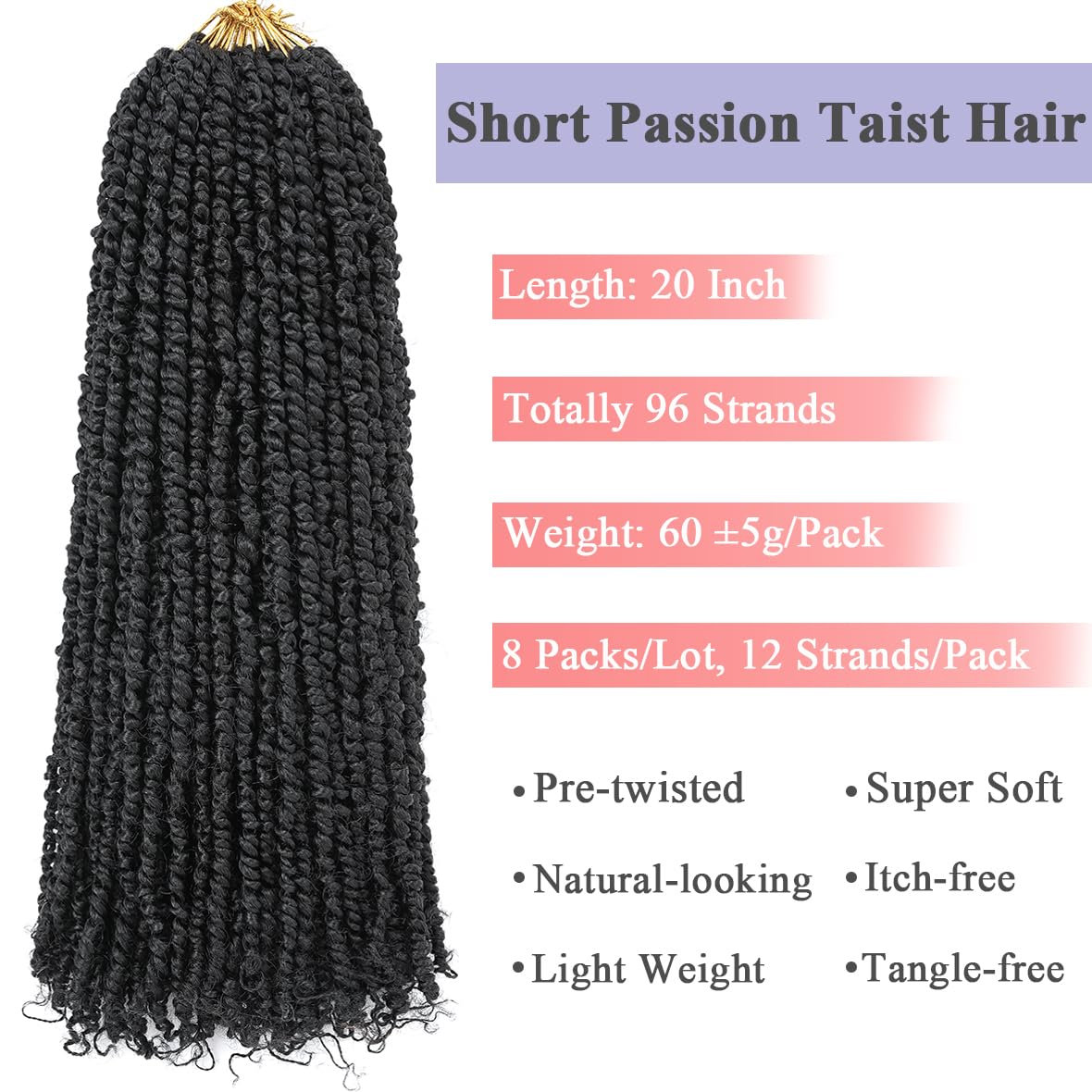 Leeven 20 Inch Passion Twist Crochet Hair Natural Black Pre Twisted Water Wave Crochet Hair 8 Packs Pre-looped Crochet Braiding Hair Extensions 1B# - Image 3