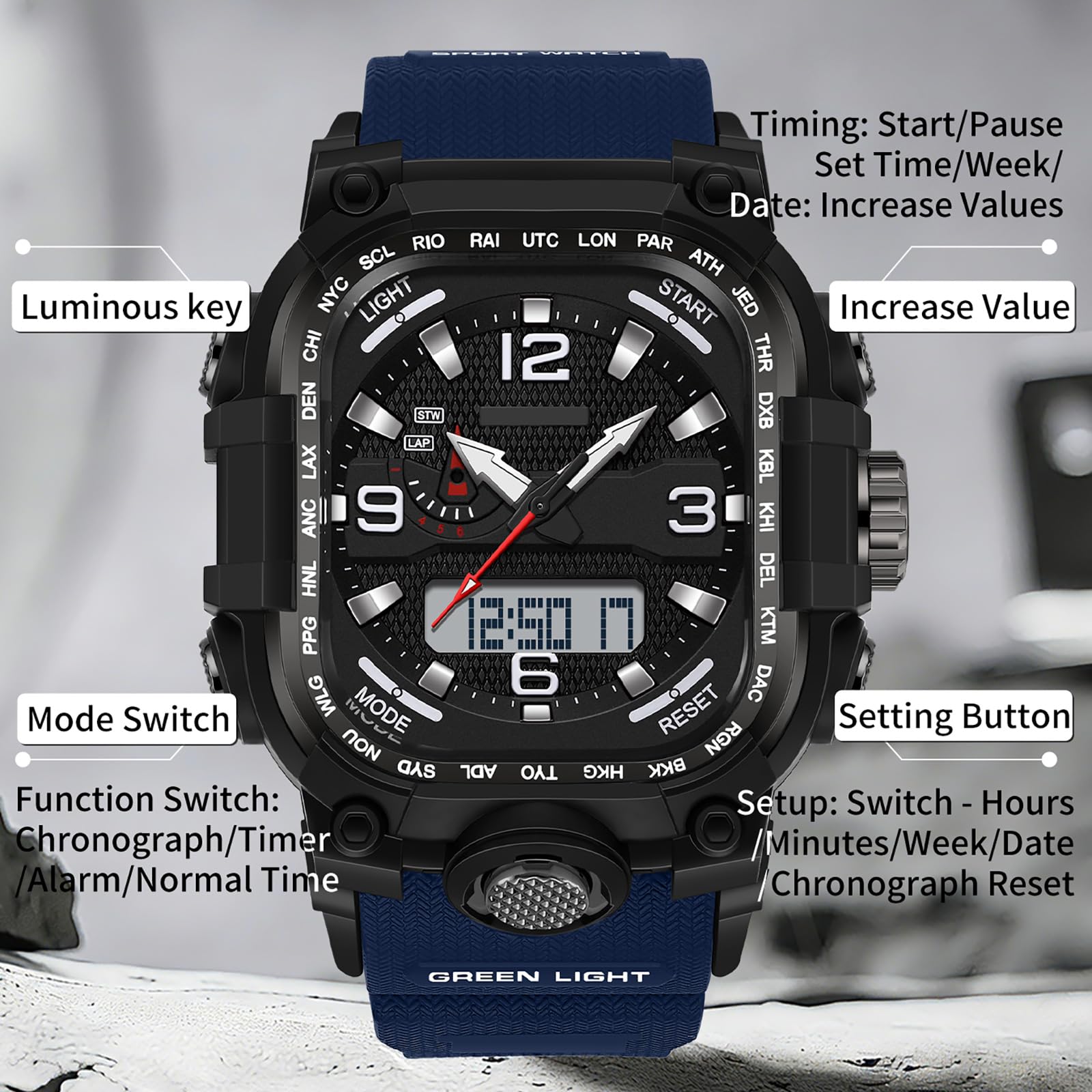 findtime Relojes para hombre, reloj militar para exteriores, reloj de pulsera rectangular, digital, diseño analógico, reloj deportivo para hombre, resistente al agua 5 ATM, iluminación con fecha, 12