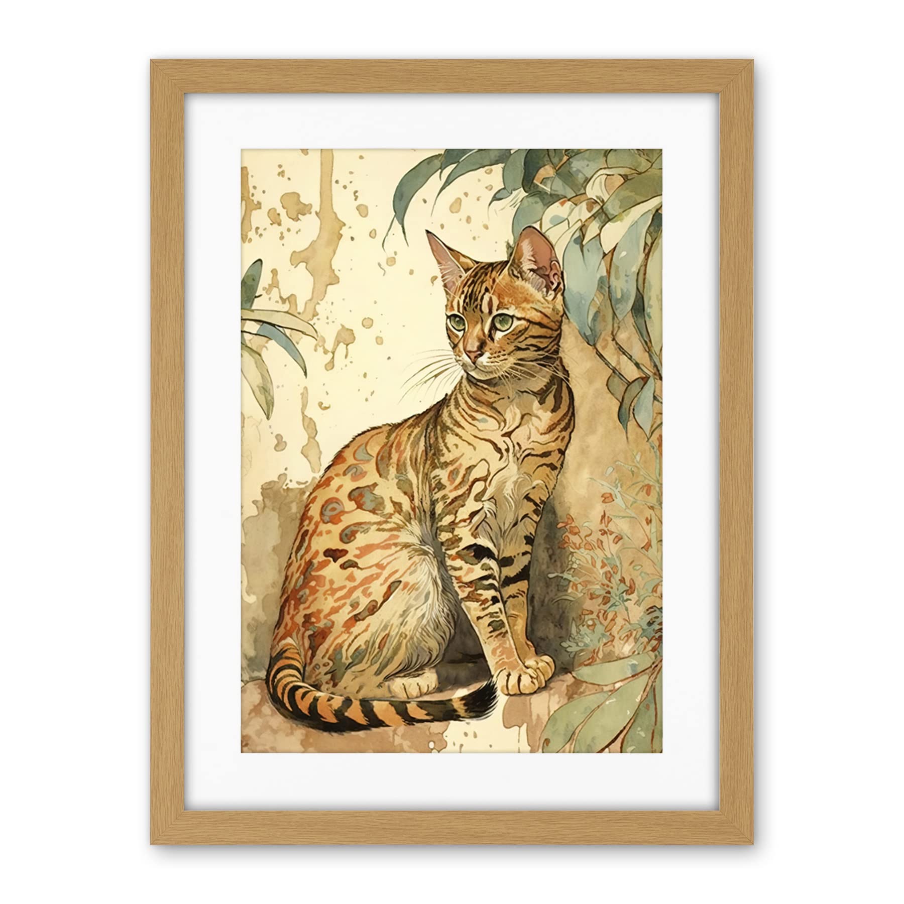 Artery8 Marble Coat Bengal Cat Perched on Street Wall Watercolour Illustration Artwork Framed Wall Art Print 18X24 Inch