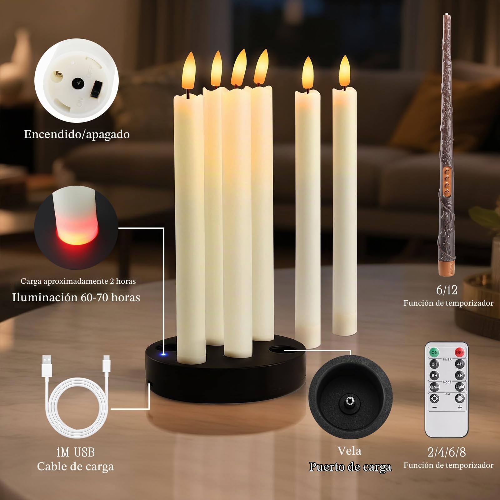 velas cónicas led recargables,6 Piezas sin llama Velas de LED con estación de carga, temporizador y Magia mando a distancia, para Navidad, Halloween, decoración del hogar