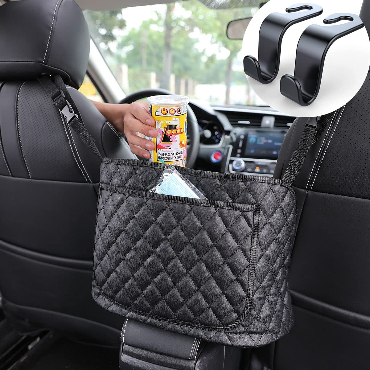 NXqilixiang Car Organizer - Modern Luxury Black PU Leather Car Net Pocket Handbag Holder Between Seats with 2 Free Hooks - Fits Most Vehicles