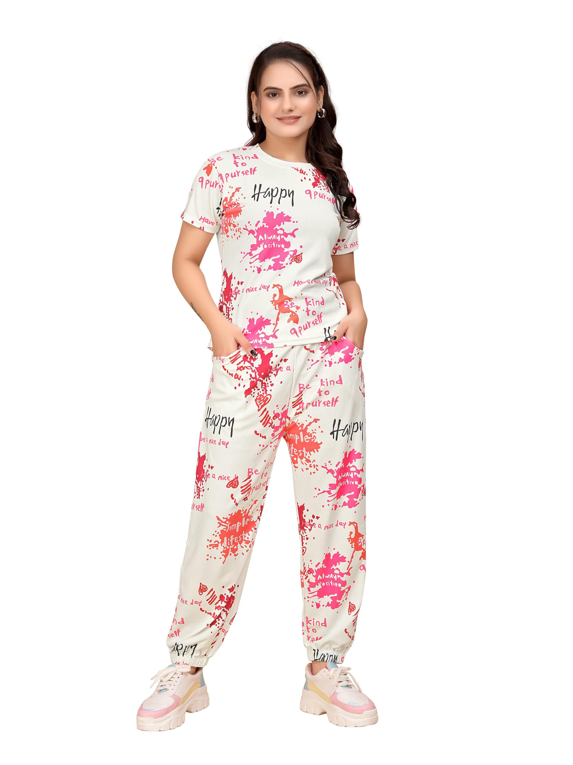 bhulax Women's Printed Polyester Lycra NightSuit Set, Lightweight Stretchable Night Suit and Gym Outfit with Side Pockets-picture-31