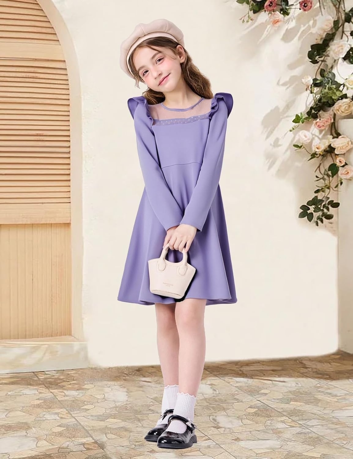Girls Casual Dress Crew Neck Cute Girls Ruffle Long Sleeve A Line Mesh Party Dress for Kids Teens - Image 5