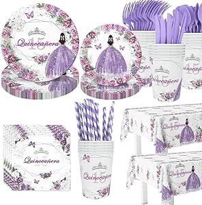 194pcs Quinceanera Decorations 15th Birthday Decorations Party Plates, Cup, Napkin, Tablecloth, Tableware, Purple Disposable Quinceanera Birthday Party Supplies Plates Serve 24 Guests