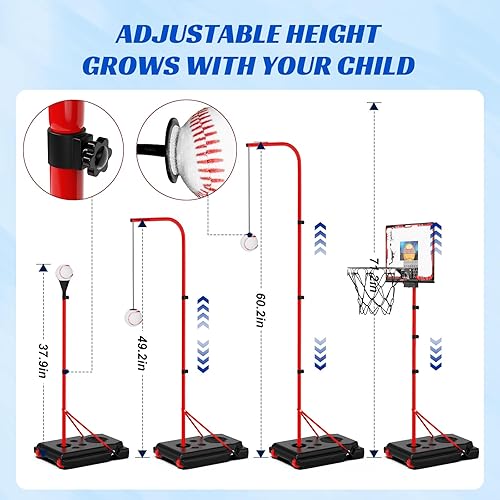 Miniatura 4 de Juego de aro de baloncesto 4 en 1 y pelota en T para niños, soporte de baloncesto ajustable, camiseta de béisbol para niños y niñas de 2, 3, 4, 5,