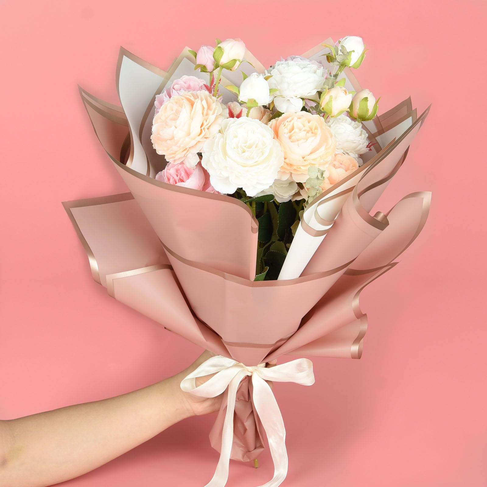 50 Feuilles Papier D'emballage Bouquet - Rose Et Blanc Avec Bordure Dorée - 58x58 Cm, Imperméable - Pour Fleuriste, Cadeaux - 5