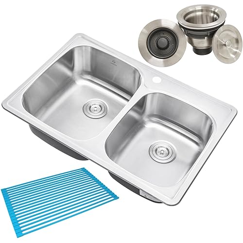 CozyBlock 33 x 22 x 9 Inch 60/40 Offset Top-mount/Drop-in Stainless Steel Double Bowl Kitchen Sink with Strainer and Silicon Dishrack - 18 Gauge Stainless Steel-1 Faucet Hole