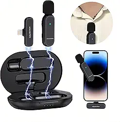 H'MASTON Microfone de Lapela Sem Fio Professional 2 em 1 Microfone com Estojo de Carregamento Redução de Ruído para Gravação Compativel com iPhone (MK-05 LIGHTNING)