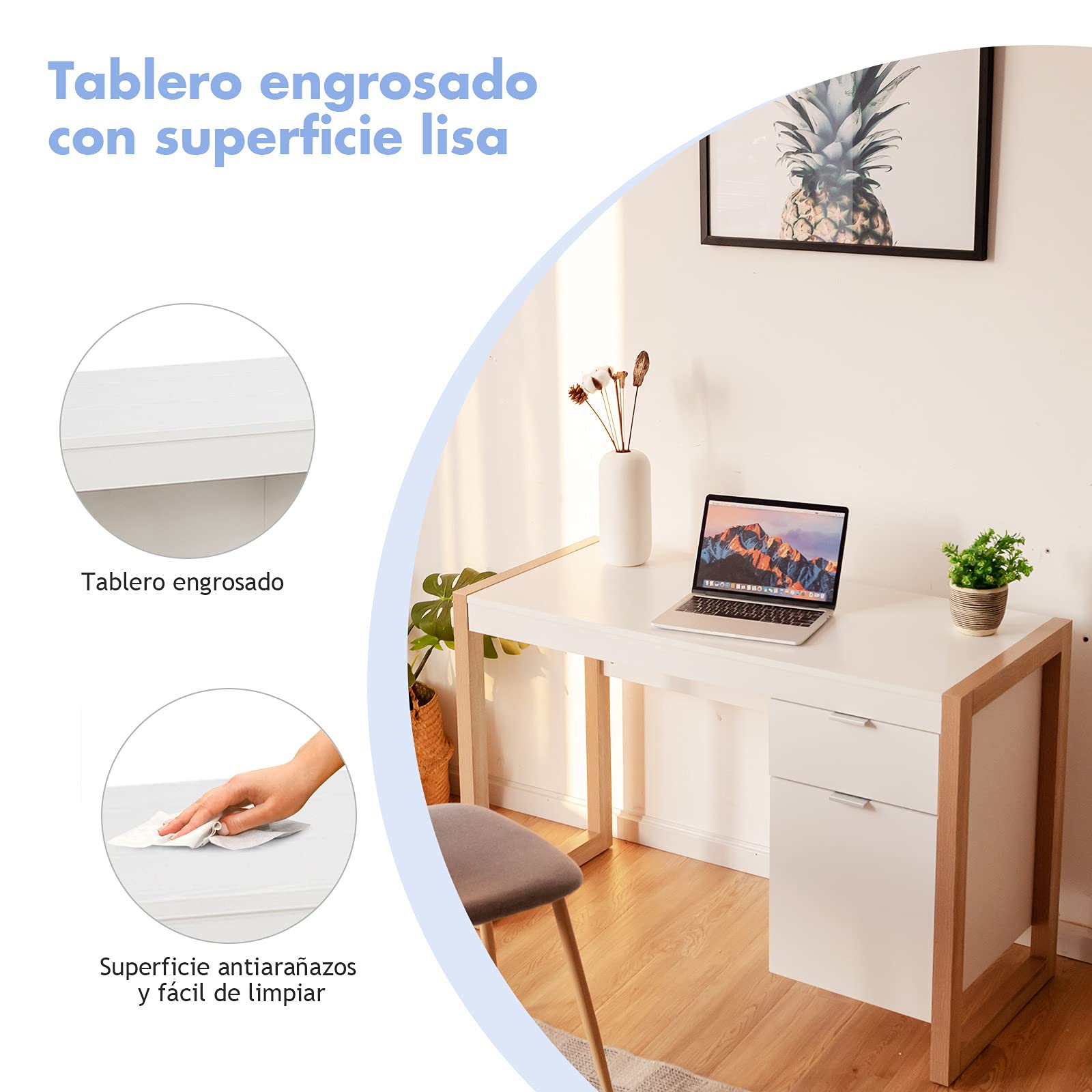 COSTWAY Escritorio para Ordenador, Mesa de Trabajo con Armario y Cajón, Diseño Simple y Elegante, Panel Espeso, Estructura Resistente, Escritorio con Superficie Lisa Casa y Oficina