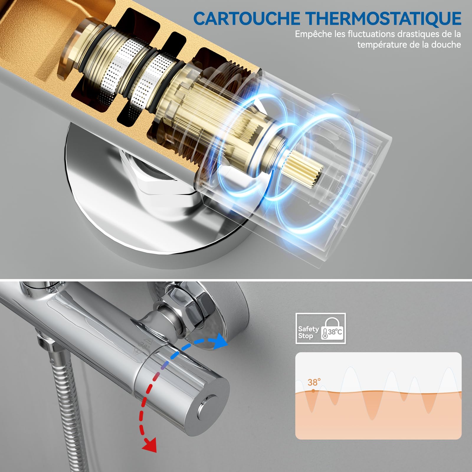 Auralum Colonne de Douche avec Mitigeur Thermostatique, Douche Pluie en Acier Inoxydable 30 x 30 cm, Douchette à 5 Modes, Barre de Douche Extensible (Chromé)