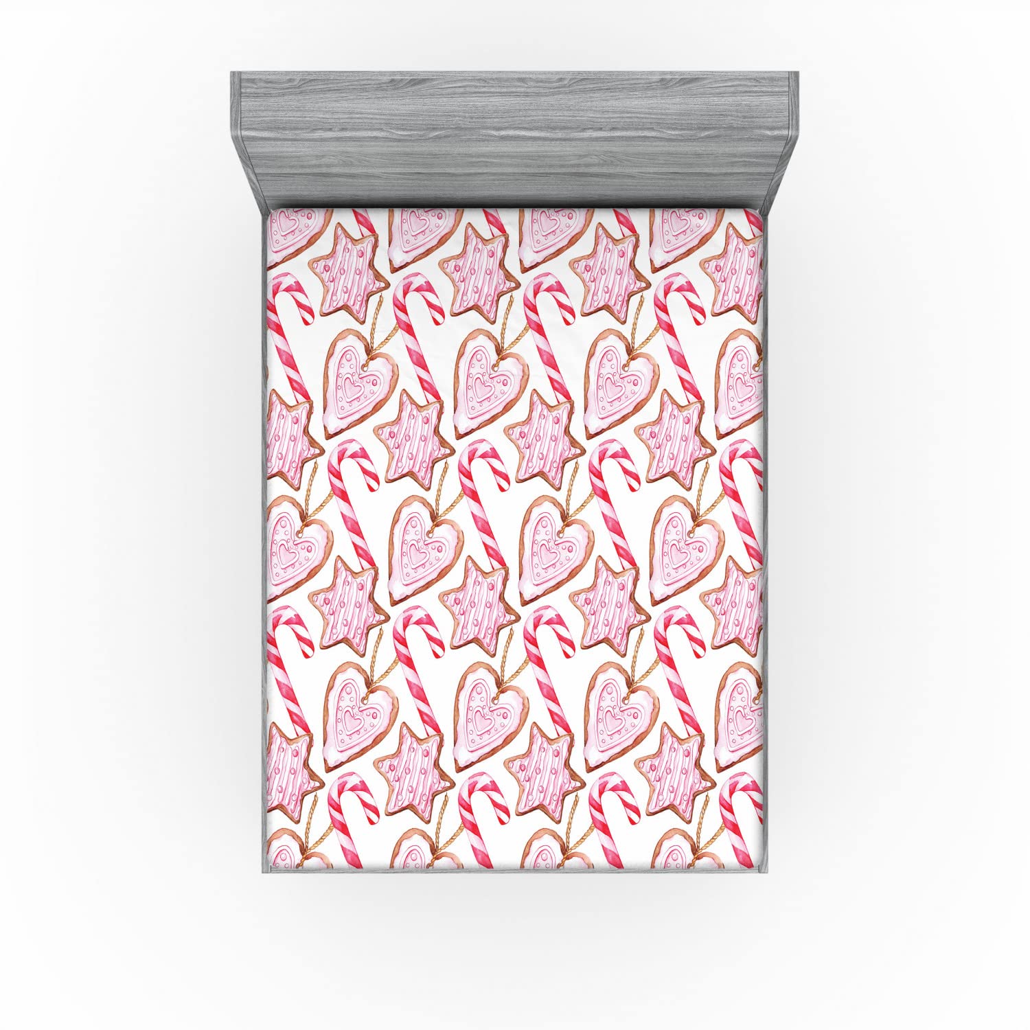 Ambesonne Candy Cane 2 Pack Fitted Sheet, Watercolor Cookies, Bed Cover All-Round Elastic Deep Pockets 2 Pieces, Package Contains 2 Full Size Fitted Sheets, Pink Brown