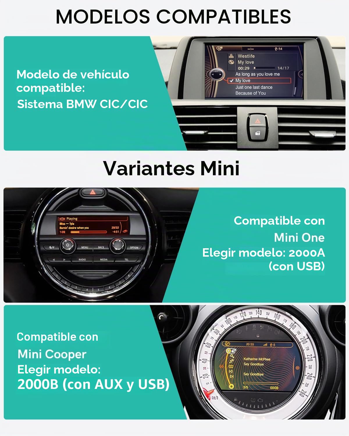 Adaptador Bluetooth para Coche con Cable Y para BMW - Conexión USB y AUX, Receptor Bluetooth Compatible con Sistemas CIC, Sonido aptX-HD