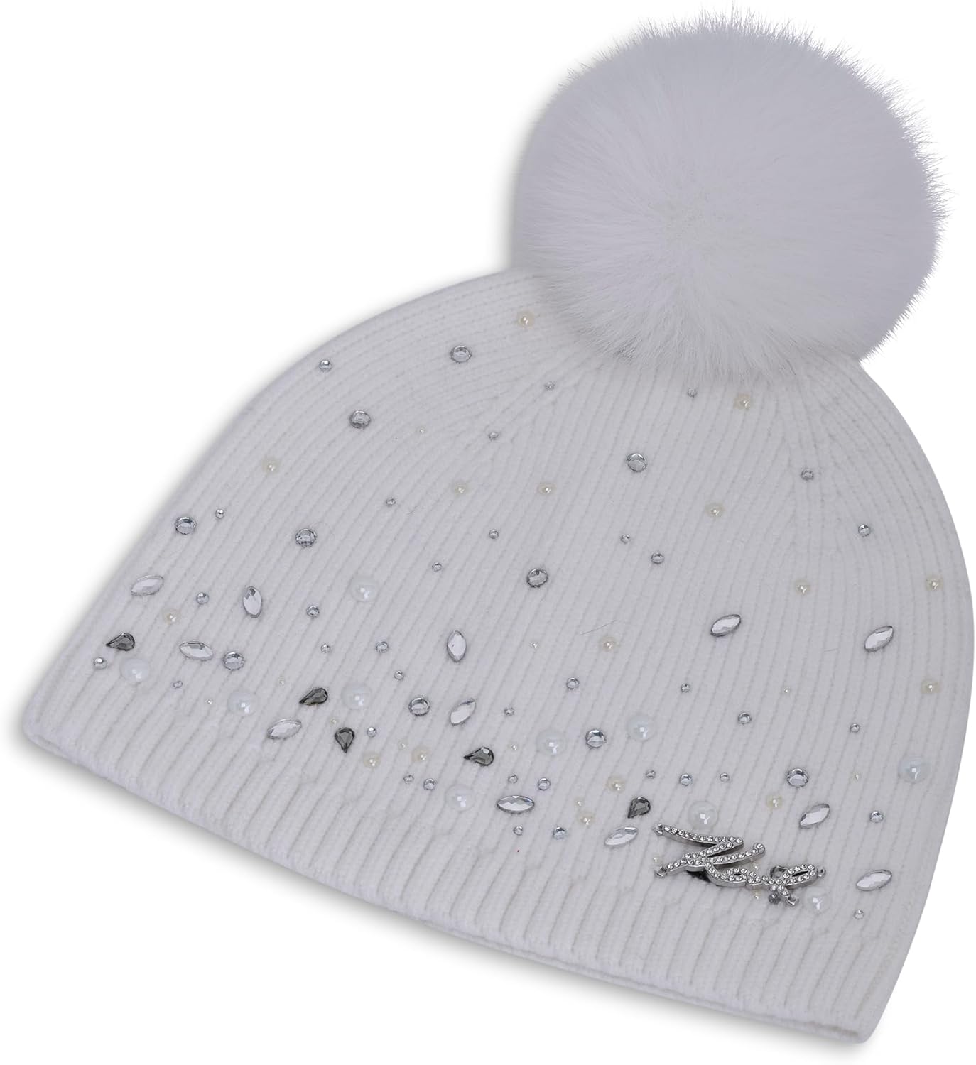 Karl Lagerfeld Womens Crystal and Pearl Studs Faux Fur Pom Beanie - Image 2