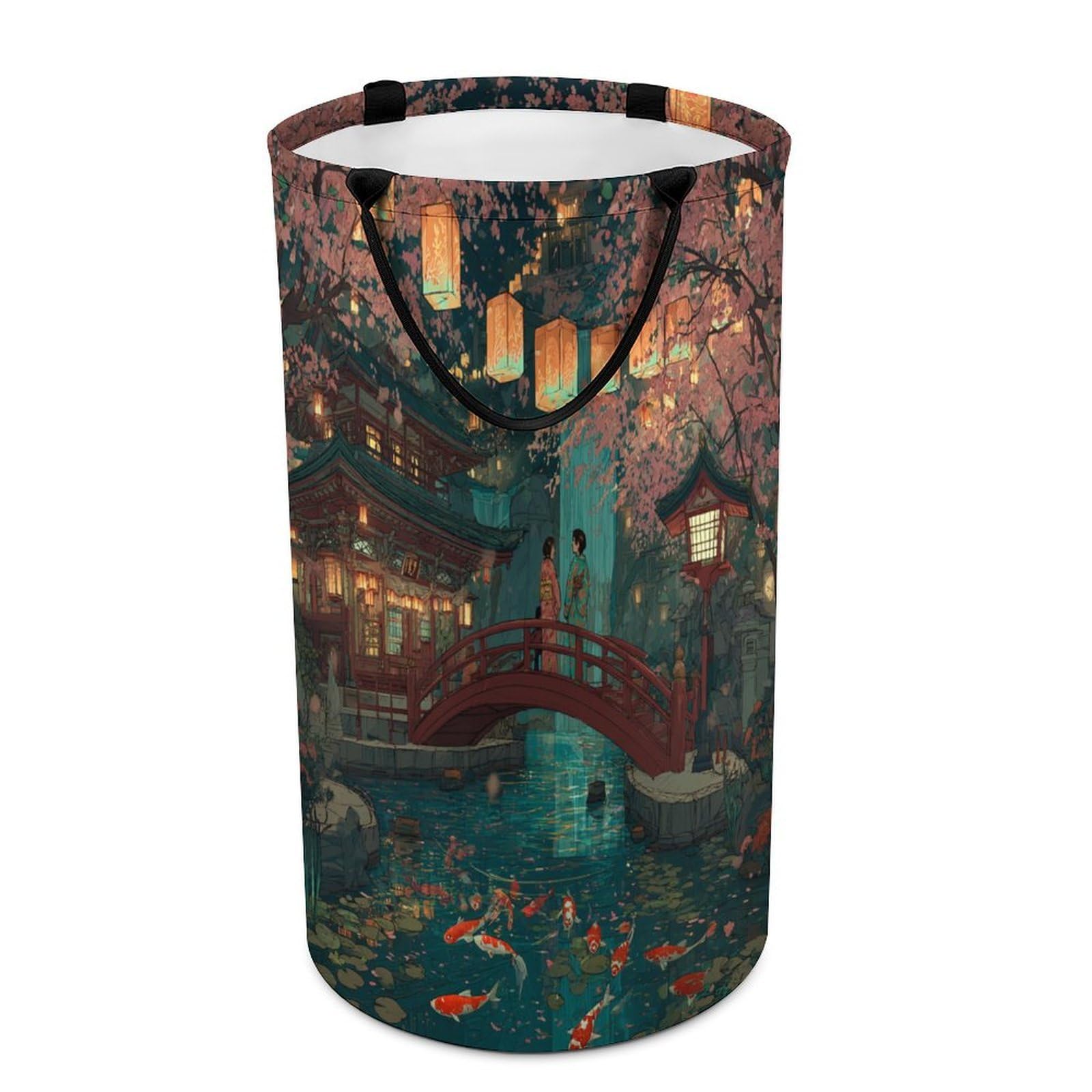LUYYSKY Classic Abstract Japanese Geisha Collapsible Dirty Clothes Basket, Retro Oil Painting Plant Cherry Blossoms Animal Fish Portable Clothes Storage Laundry Basket-40 CM Dia, 69 CM High