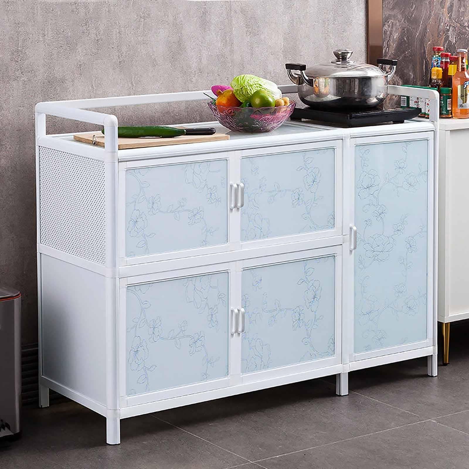 Buffet Cuisine Multifonction Aluminium Blanc Niveaux Verre Trempé Rangement