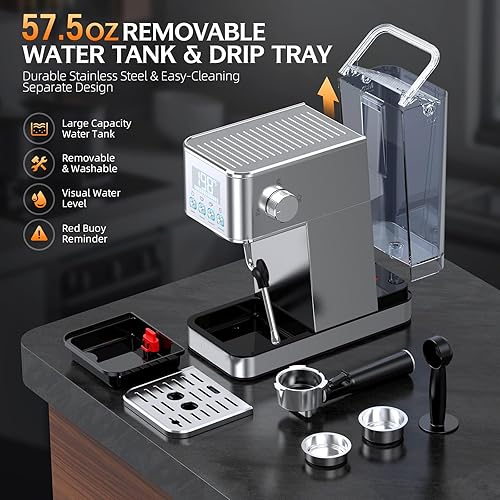 Miniatura 6 de Máquina de café expreso, máquina compacta de café expreso inoxidable de 20 bares, con espumador de leche, tanque de agua extraíble de 57.5 onzas,