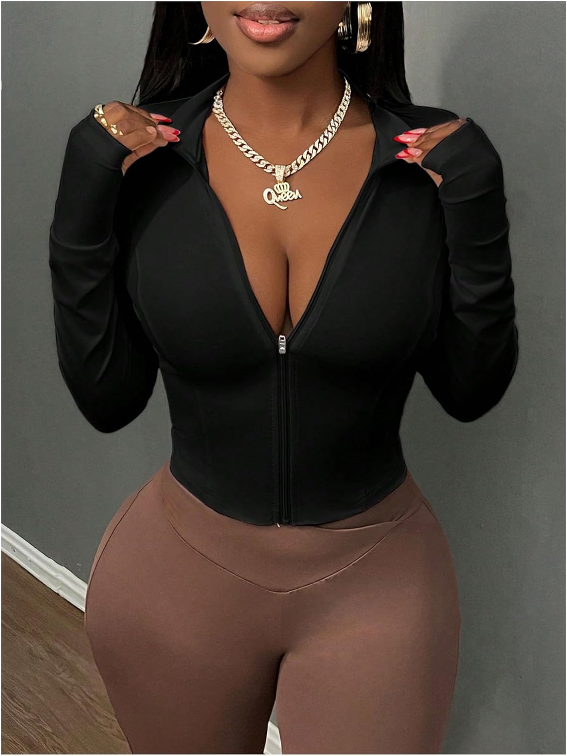 SOLY HUX Women's Zipper Front Crop Workout Tops Long Sleeve Fitted Yoga Athletic Jackets - Image 4