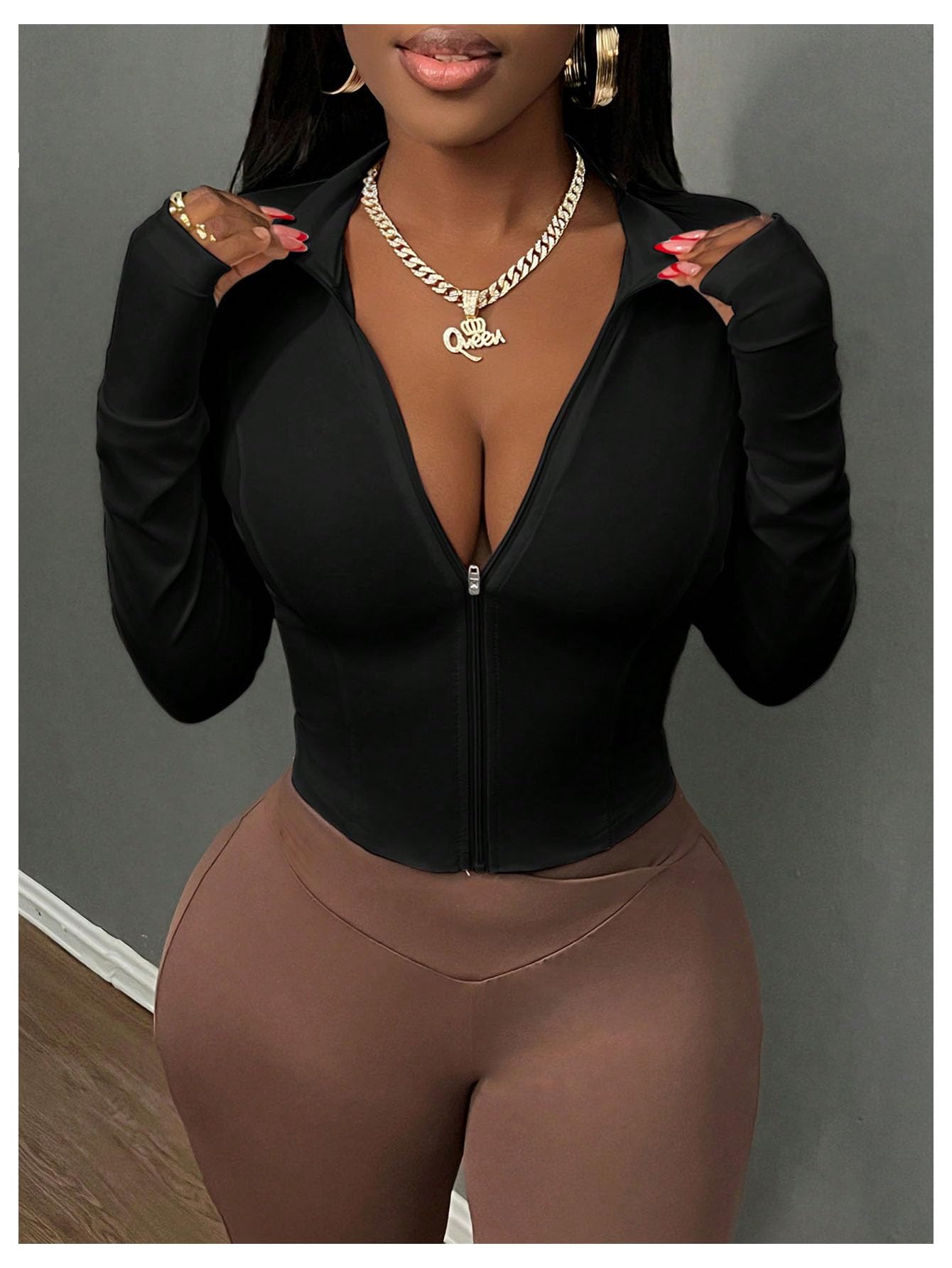 Chaqueta corta con cremallera para mujer, manga larga, ajustada, para yoga, atletismo — view 2