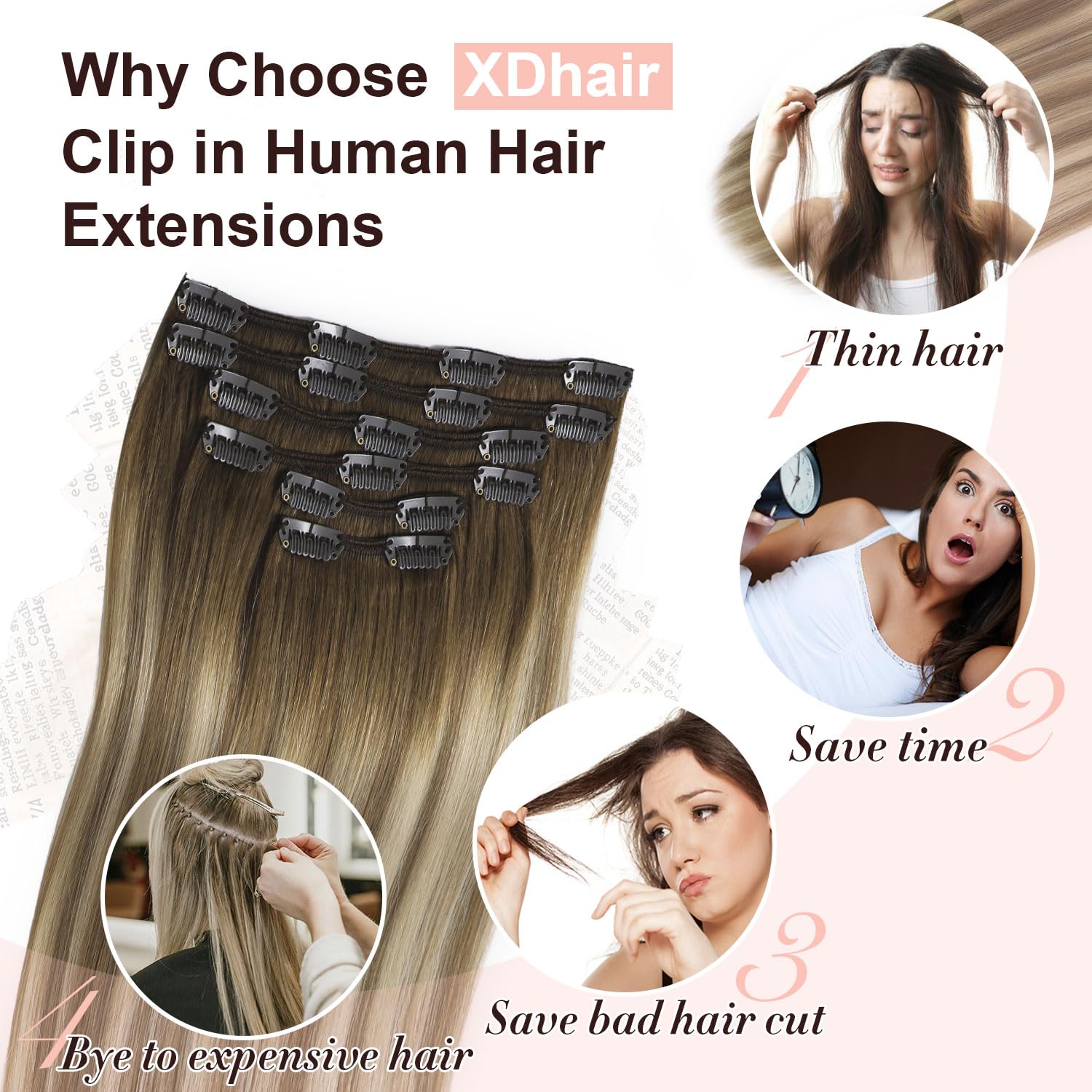 XDhair Extension Cheveux Naturel Clip 35cm 6pcs 100g Brun Noisette à Brun Cendré et blond cendré Extention de Cheveux Humains Vrai Cheveux #3/8/22 14pouces