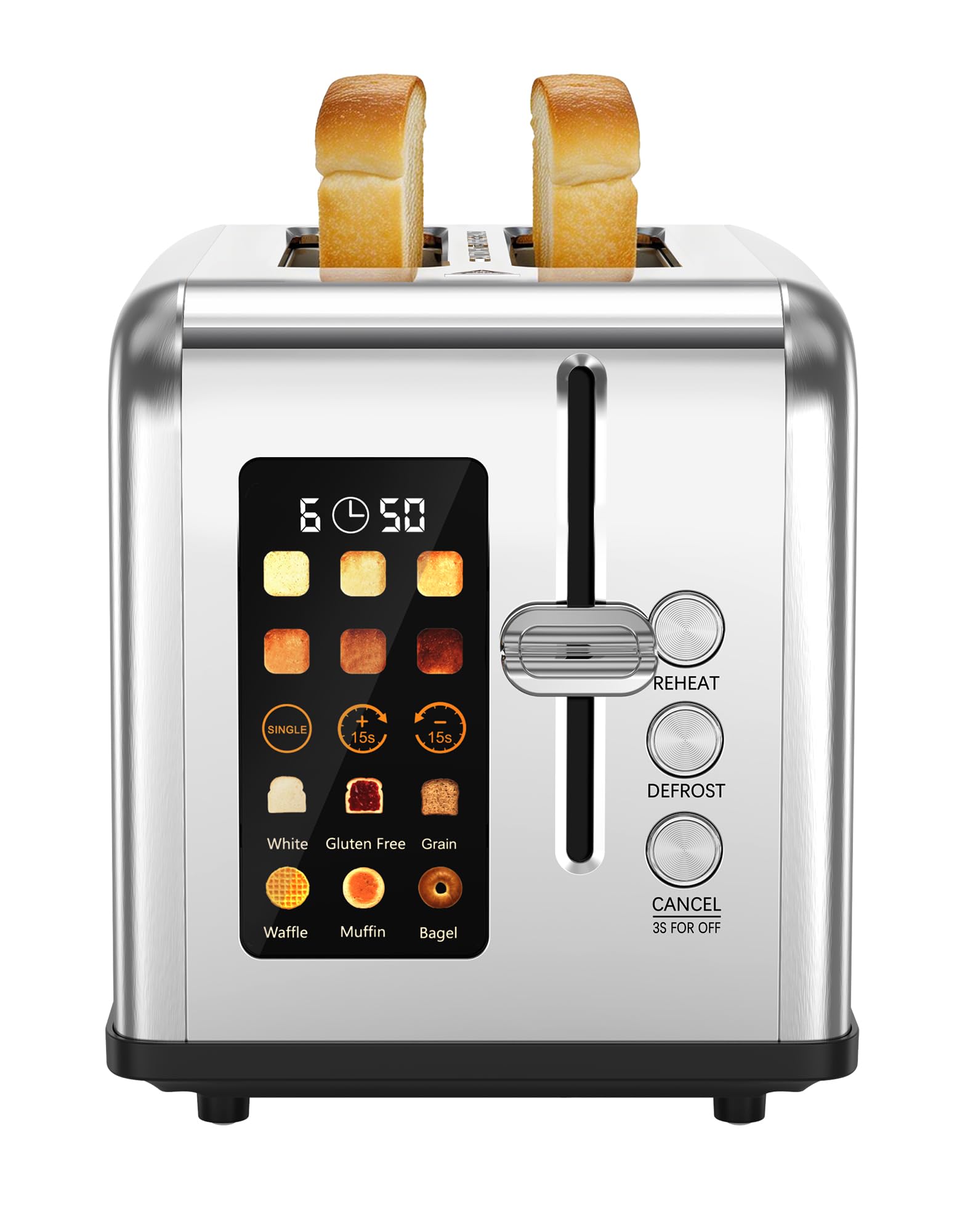 Toaster 2 Scheiben, LED-Touchscreen, Edelstahl Langschlitztoaster, 6 Bräunungsstufen, 6 Brotprogramme, Auftau-, Aufwärm- & Stoppfunktion, 880W (2 Scheiben)