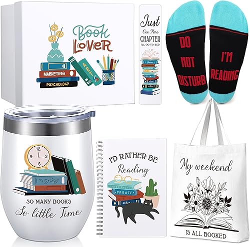 Rtteri Juego de 6 piezas de regalo para amantes de los libros, bolsa de mano, calcetines, vaso de acero inoxidable con caja de regalo (clásico)
