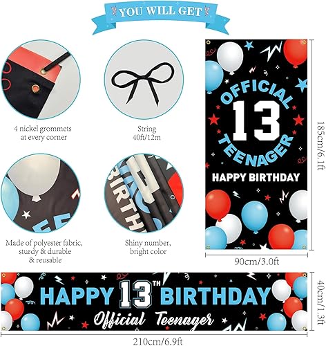Miniatura 4 de Kit de decoración de pancarta de fondo de cumpleaños de 13 años, decoración de feliz cumpleaños número 13 para niños y niñas, suministros oficiales