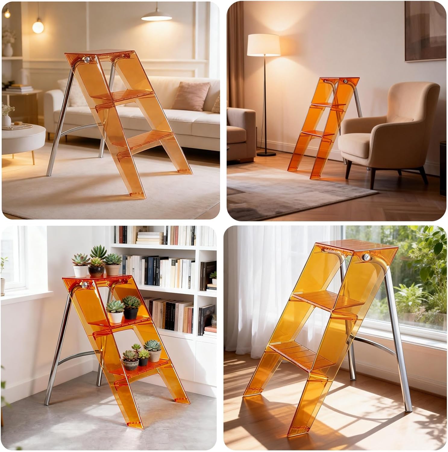 Orange Transparent Folding Step Stool Portable Acrylic Stool Non-Slip Wide Step Design Home Decor Three-Step Ladder Multi-Functional Storage Rack Side Table Stool