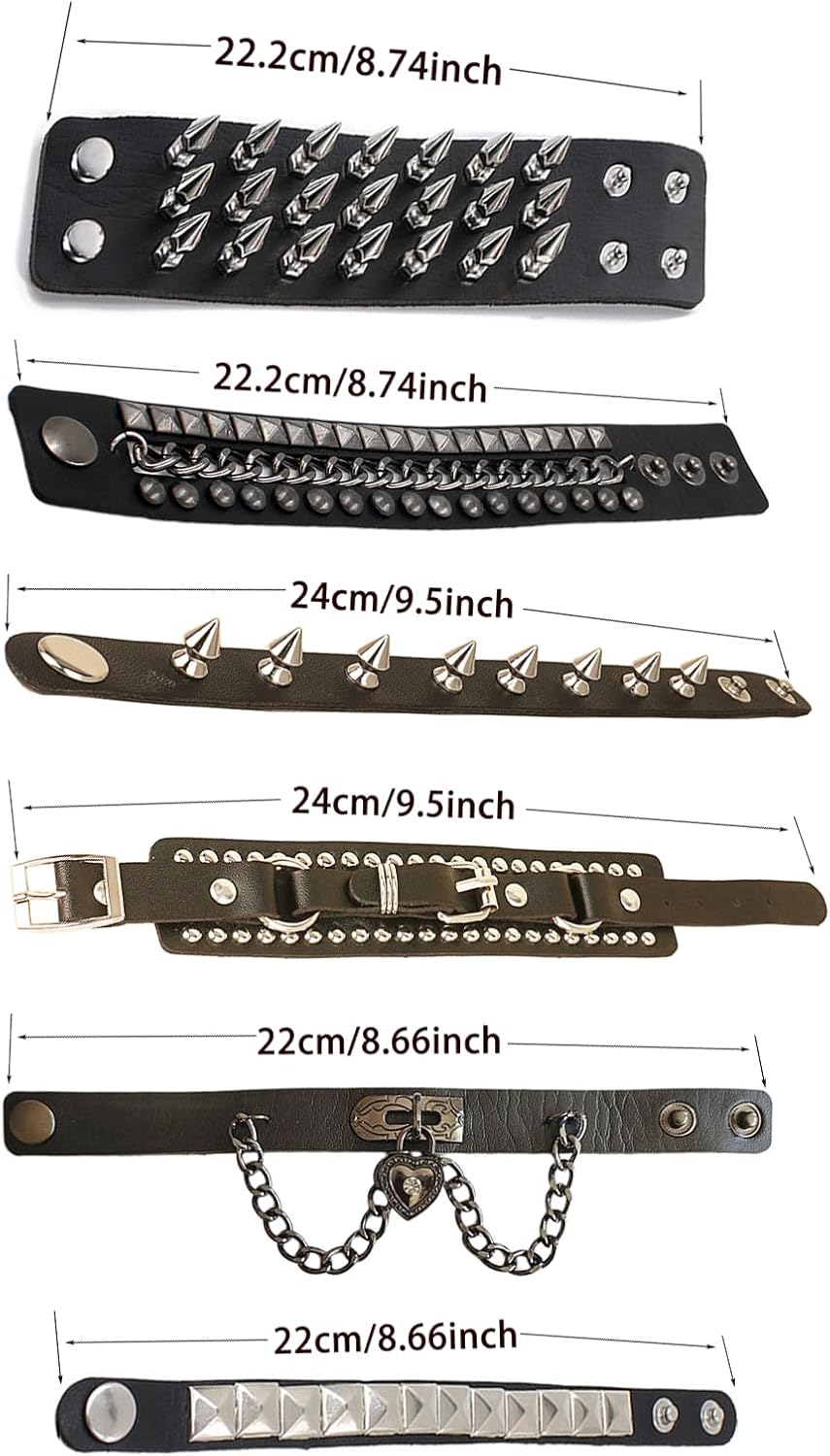 6Pcs Punk Goth PU Leather Bracelet Studded Spike Rivet Buckle Wristband Cuff Bangle Black Gothic Steampunk for Men Women Unisex 80s Cool Rock Style Party Favors Jewelry Cosplay Night Club Sexy Gift Halloween Christmas Accessories - Image 6