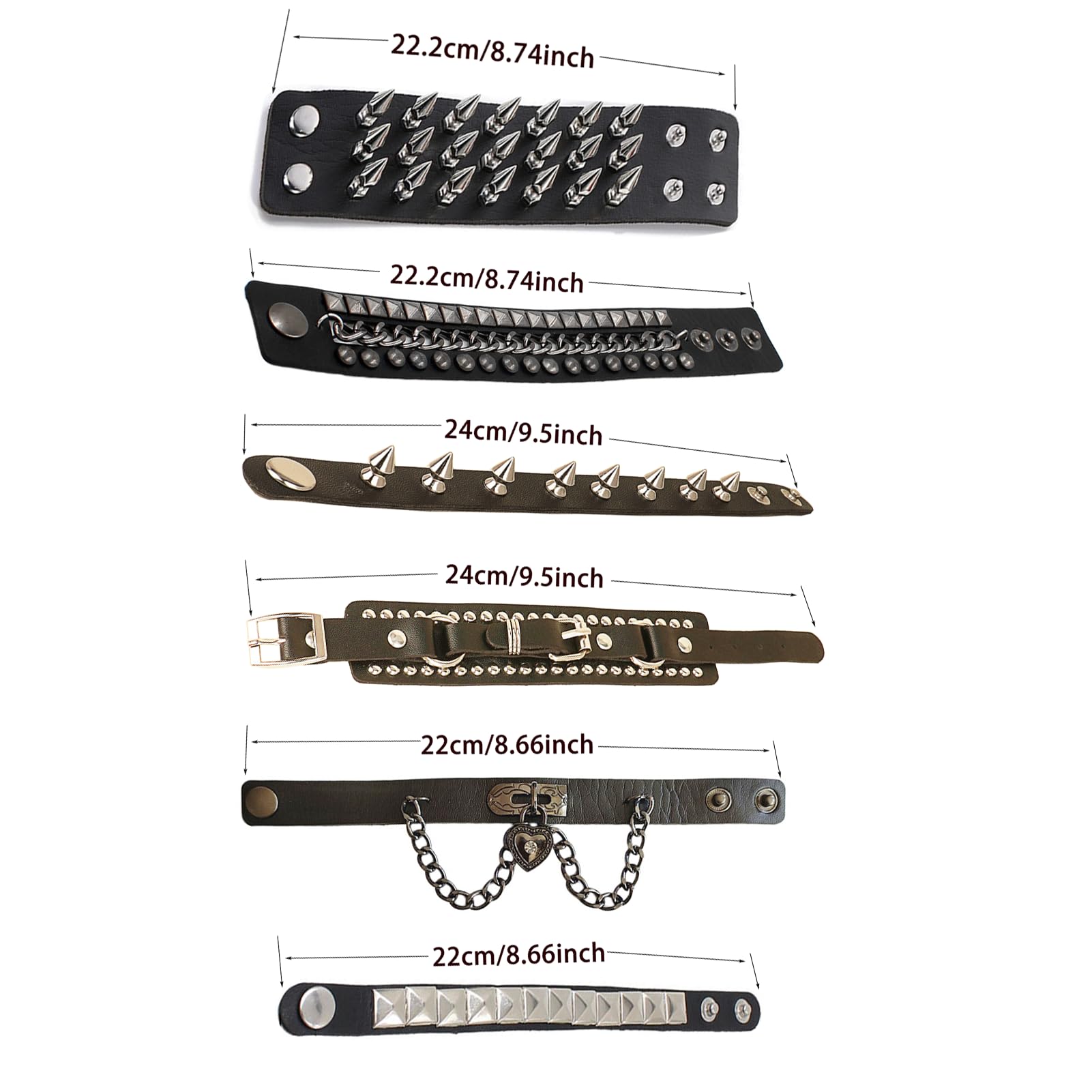 ZKLYPJ 6Pcs Punk Goth PU Leather Bracelet Studded Spike Rivet Buckle Wristband Cuff Bangle Black Gothic Steampunk for Men Women Unisex 80s Cool Rock Style Party Favors Jewelry Cosplay Night Club Sexy Gift Halloween Christmas Accessories