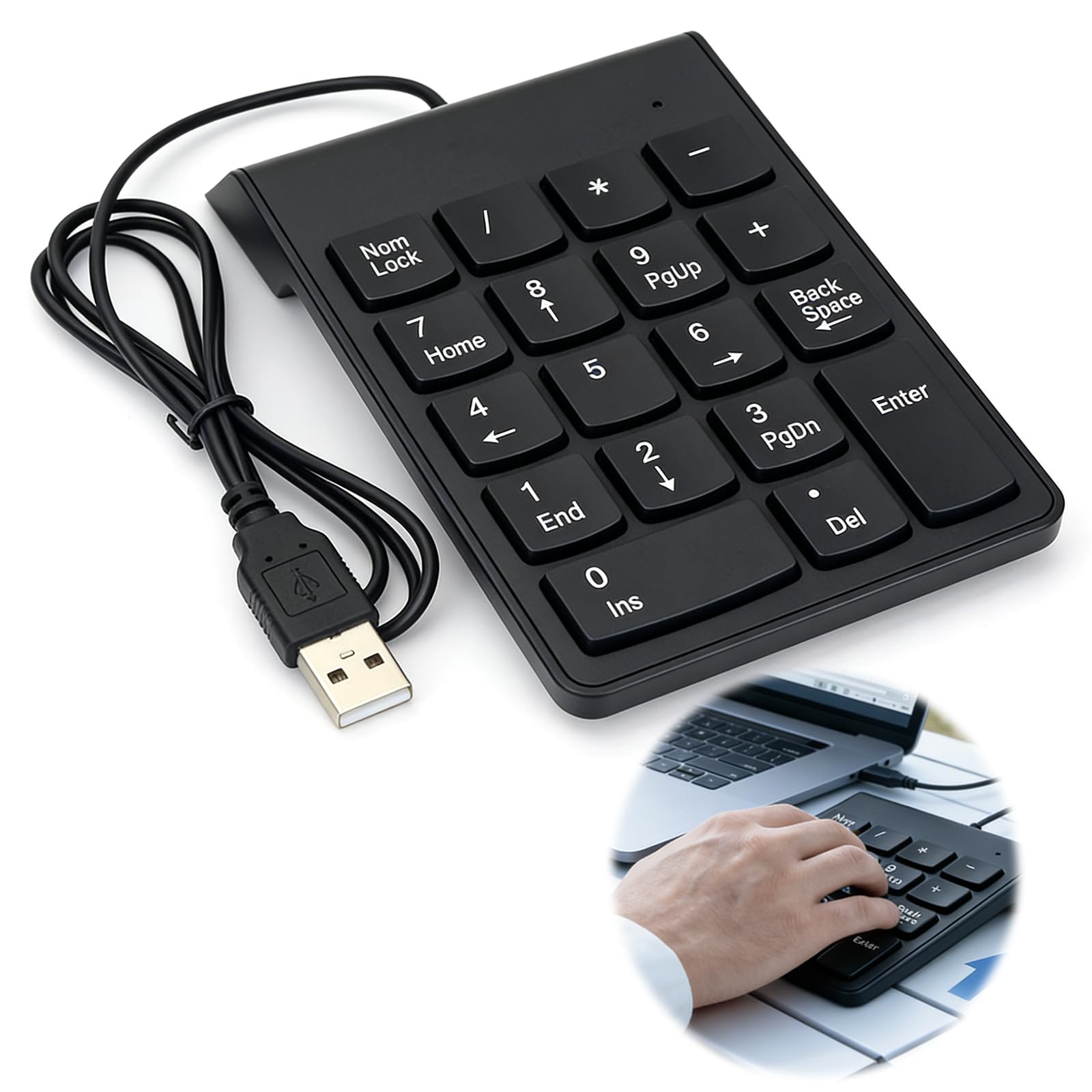 Pavé Numérique Filaire avec Câble USB Intégré, Clavier Numérique 18 Touches Ultra-Fin et Portable, Numpad pour Ordinateur Portable, Notebook et PC de Bureau, Noir