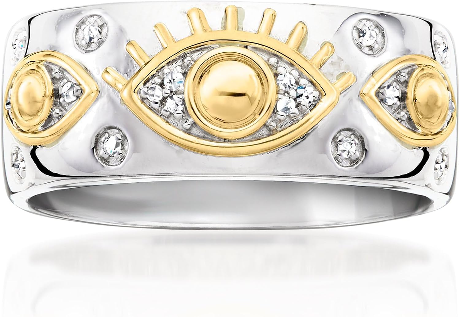 Ross-Simons Sterling Silver and 18kt Gold Over Sterling Evil Eye Ring With Diamonds