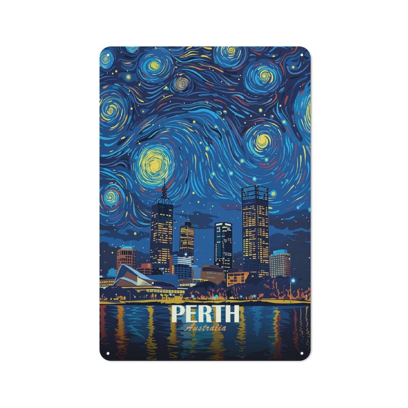 Junmoney Style Tin Wall Plaque 30X20cm With Perth Australia Starry Night Cityscape For Man Cave Or Games Room, A Christmas Gift For Leisure-Room Decor Enthusiasts