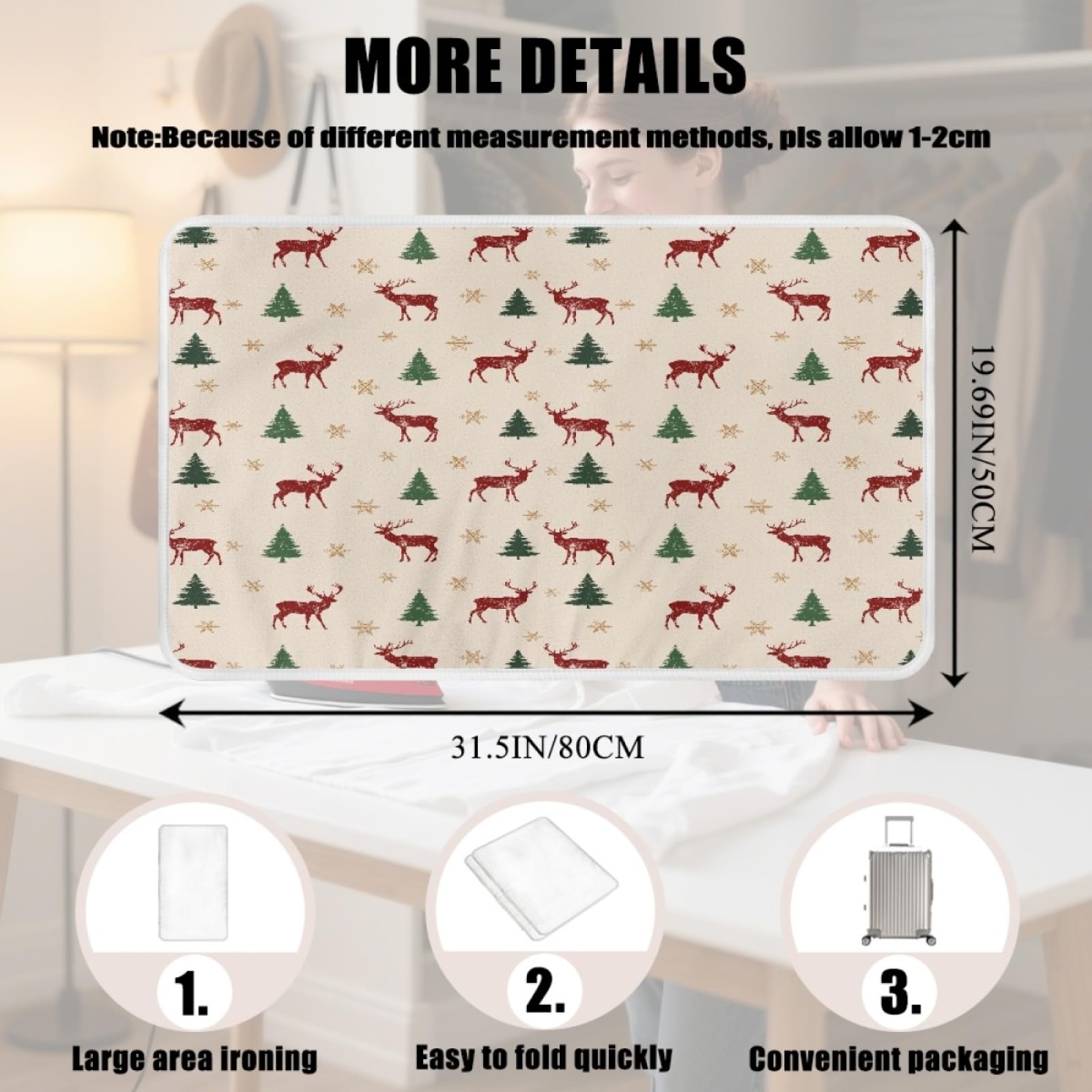 Bügelmatte Rote Weihnachtsrenniere Bügeleinlage Faltbares Hitzebeständig Waschbar Bügelauflage für Tisch und andere Oberflächen Bügelbrett Unterlage rutschfeste Bügeldecke 80x50cm (2 Stück)