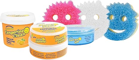 Scrub Daddy Sponges + Household Cleaning Supplies Bundle - PowerPaste Cleaning Putty, Tangerine Clean, PowErase Gel All Purpose Cleaner & Scrub Mommy (3 Pastes & 3 Sponges)