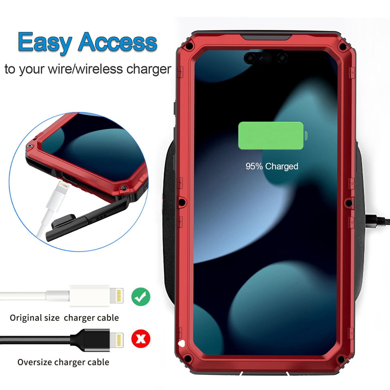 Custodia impermeabile per iPhone 15 Pro Max, custodia protettiva integrale in metallo resistente, antiurto, antipolvere, robusta, di grado militare, per iPhone 15 Pro Max, rosso