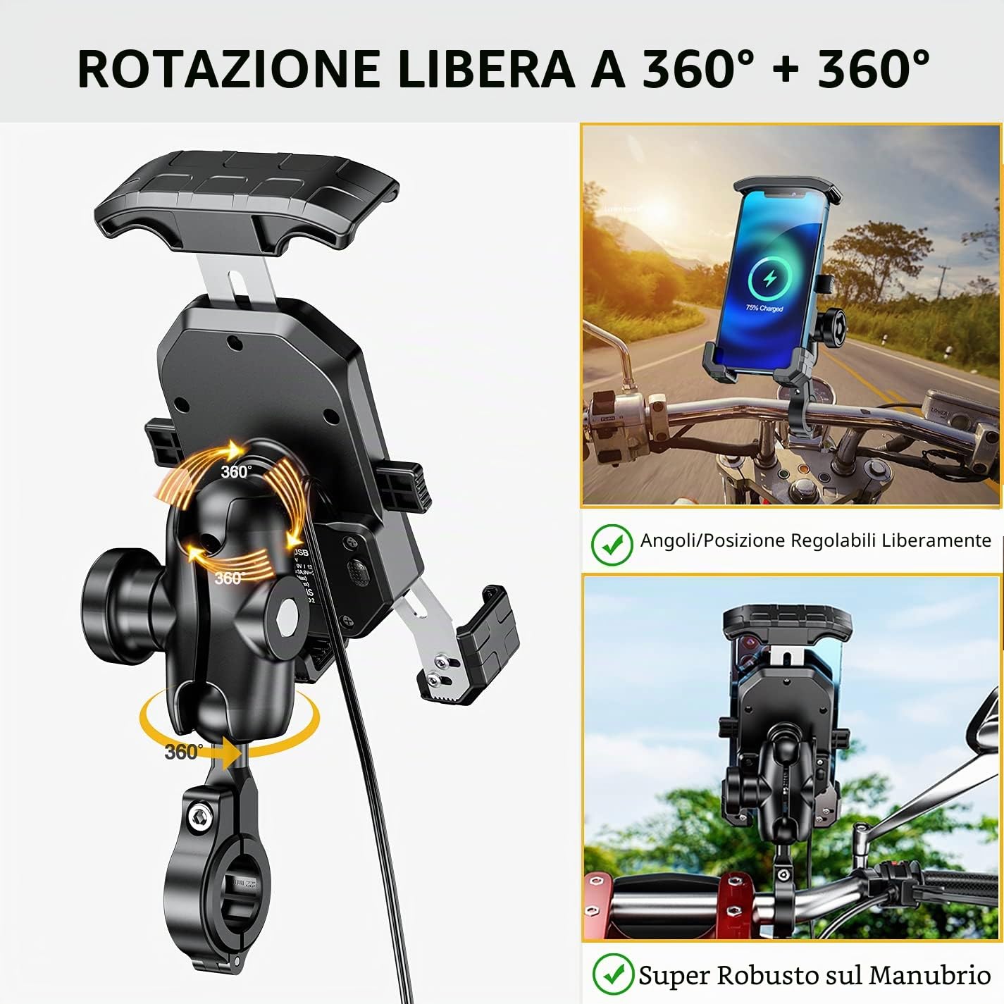 iMESTOU Supporto Telefono Moto Ricarica Wireless con Qi15W Caricatore USB C | Antifurto, 1" Adattatore a Sfera, Ricarica Rapida, 4.0"-7.0" Telefoni Cellulari, Adatto a Manubri da 22-32 mm