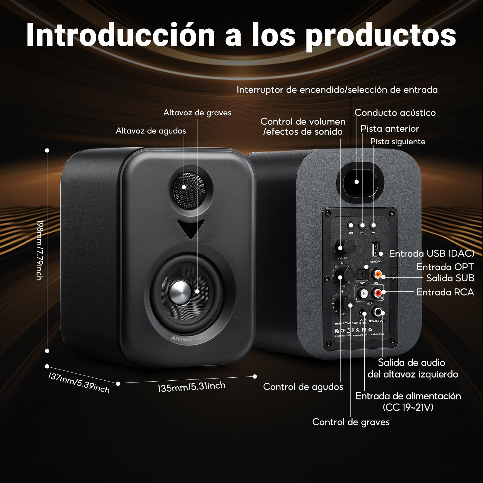 AIYIMA S400 Altavoces Activos 80 W RMS con woofer de 3", Bluetooth 5.3 | 2.0 HiFi, USB, Óptico, RCA, Sub-Out, control de agudos y graves para TV, PC y cine en casa