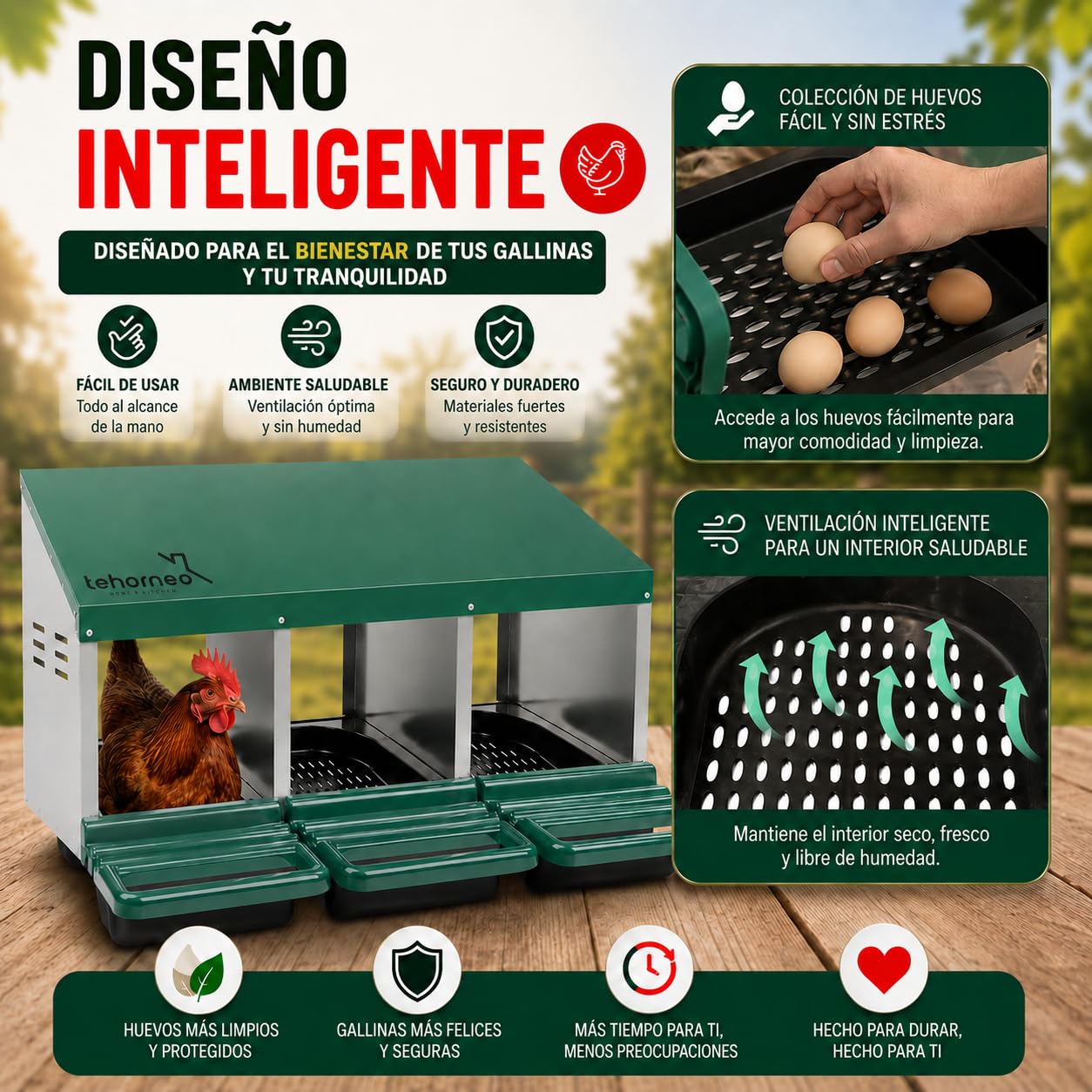 TEHORNEO Ponederos para Gallinas, Ponederos Gallinas 81x51x47 cm de Acero Galvanizado con 3 Departamentos, Apto para 12-15 Aves Ponedoras, Jaula Exterior, Montaje sin Herramientas