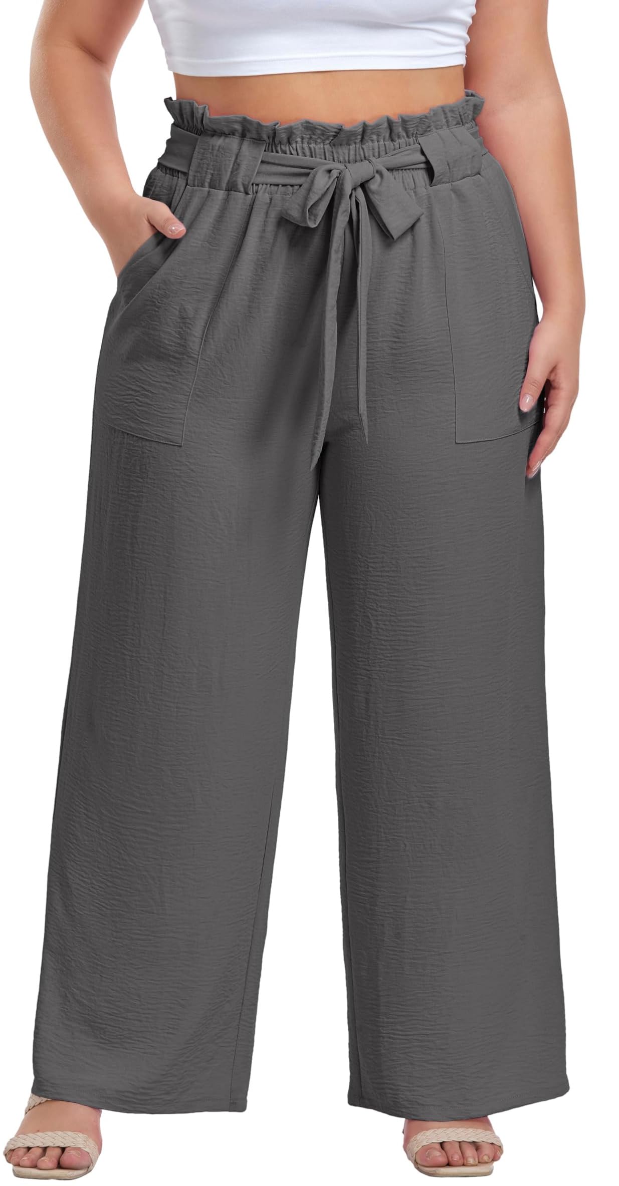 OLRIK Plus Size Wide Leg Pants for Women Lightweiht High Waisted Palazzo Pants Adjustable Tie Knot Trousers Loose