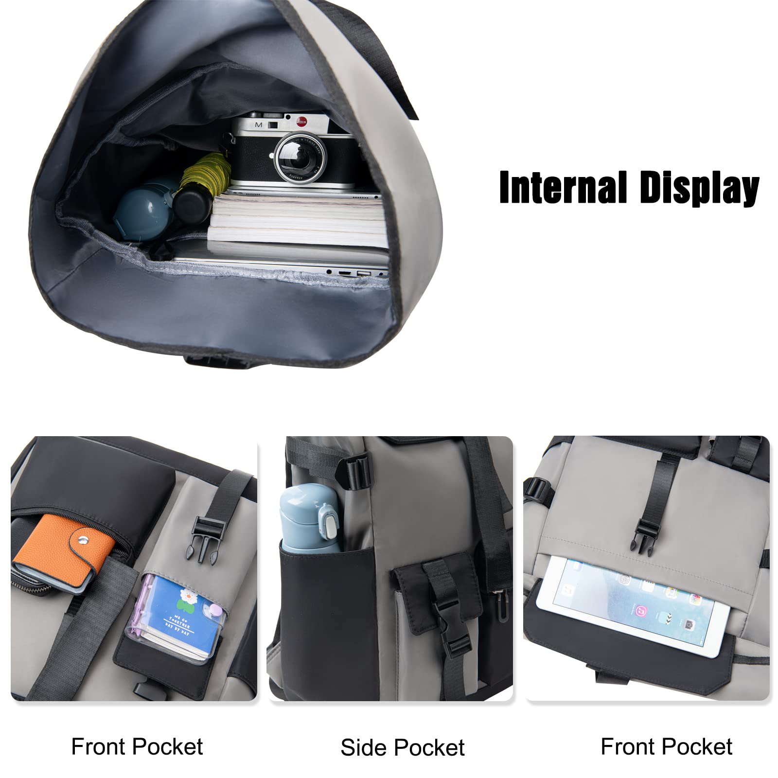 FANDARE Retrò Zaino Rolltop Ultraleggero Porta PC 15.6 Pollici, Zainetto per Scuola Università Viaggio Lavoro, da Uomo Donna - Grigio Scuro